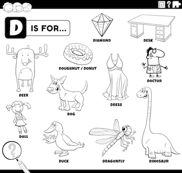 Premium vector cartoon characters and objects starting with letter d set coloring book page