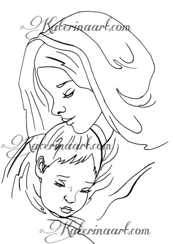 Mother and child digital stamp instant download coloring page