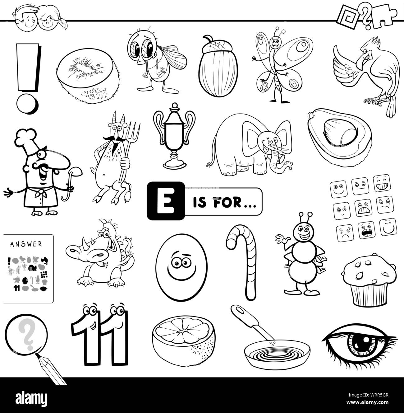 Black and white cartoon illustration of finding picture starting with letter e educational task worksheet for children coloring book stock vector image art