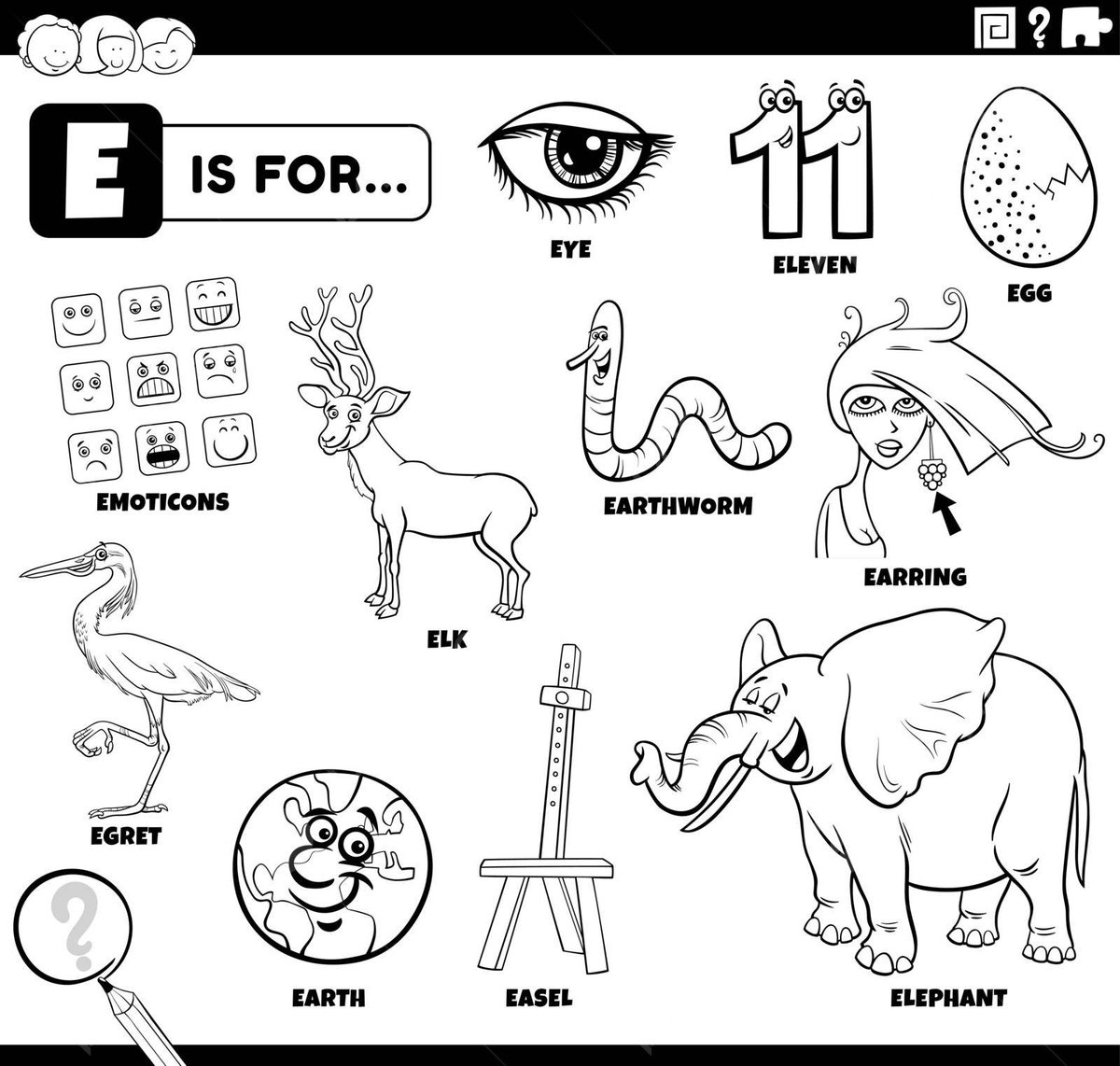 Coloring book page educational set of words starting with letter e vector cat drawing book drawing star drawing png and vector with transparent background for free download