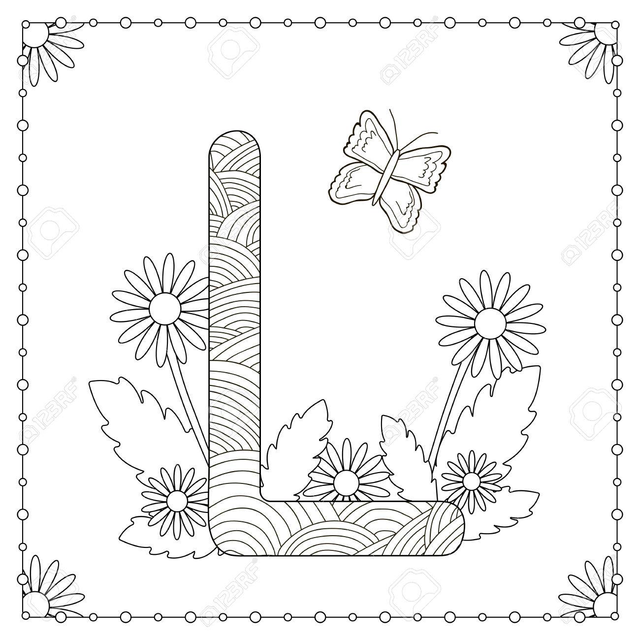 Alphabet coloring page capital letter l with flowers leaves and butterfly vector illustration royalty free svg cliparts vectors and stock illustration image