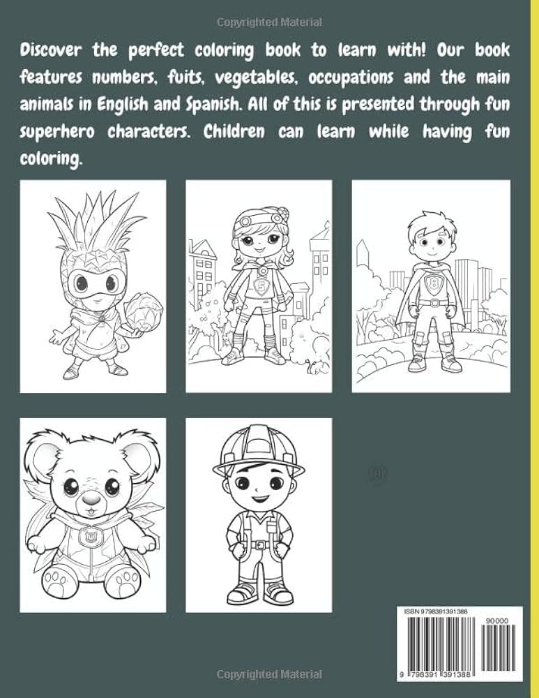 Bilingual superhero coloring book for children english and spanish coloring pag with numbers fruits vegetabl occupations and animals reprented as superhero apto laboratorio de juegos libros