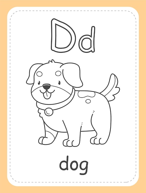 Tarjeta de libro para colorear del alfabeto para niãos con la letra d y una palabra de perro perro alfabeto inglãs vector premium