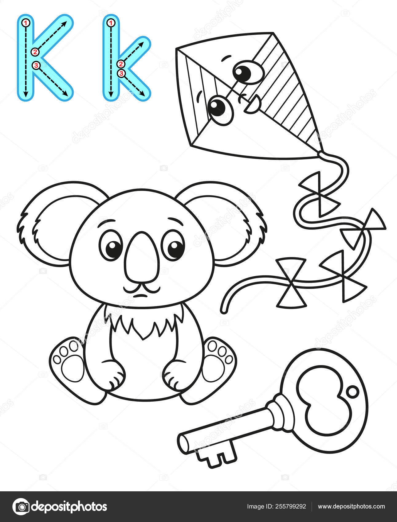 Pãgina para colorear imprimible para jardãn de infantes y preescolar tarjeta para estudiar inglãs alfabeto del libro para colorear vector letra k key koala eta vector de stock por natasha