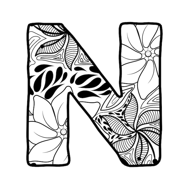 Premium vector hand drawn capital letter n in black coloring sheet for adults