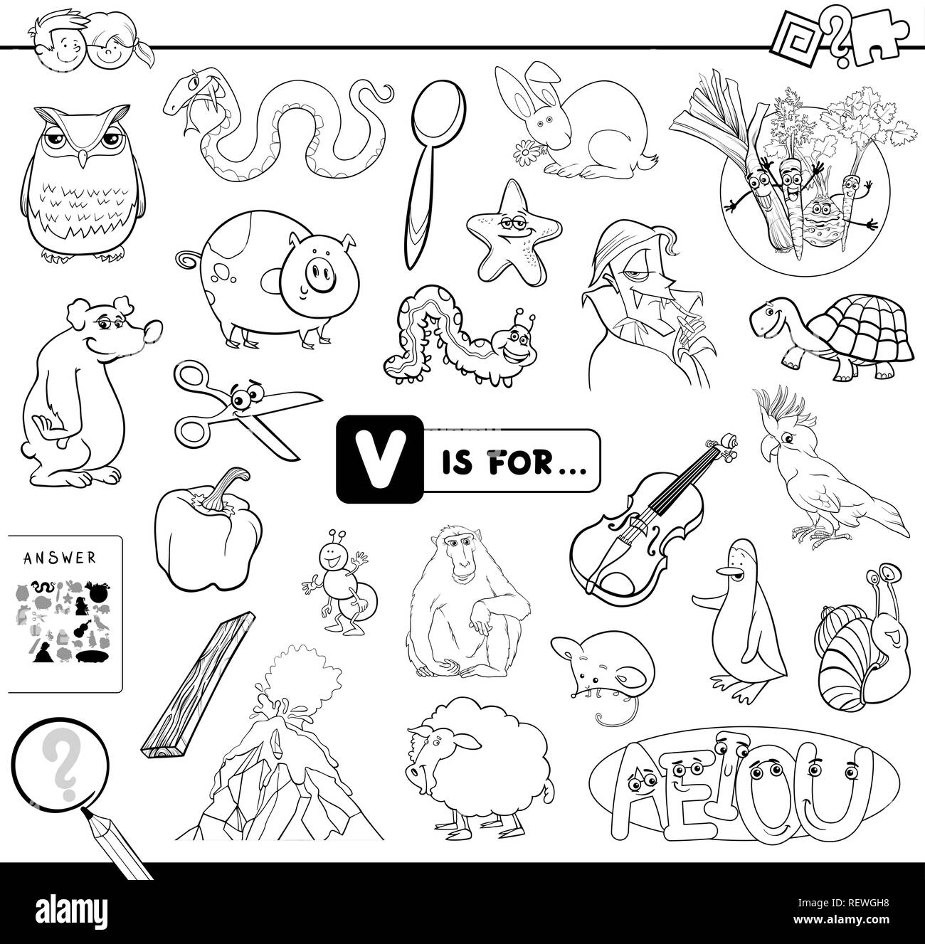 Black and white cartoon illustration of finding picture starting with letter v educational game workbook for children coloring book stock vector image art