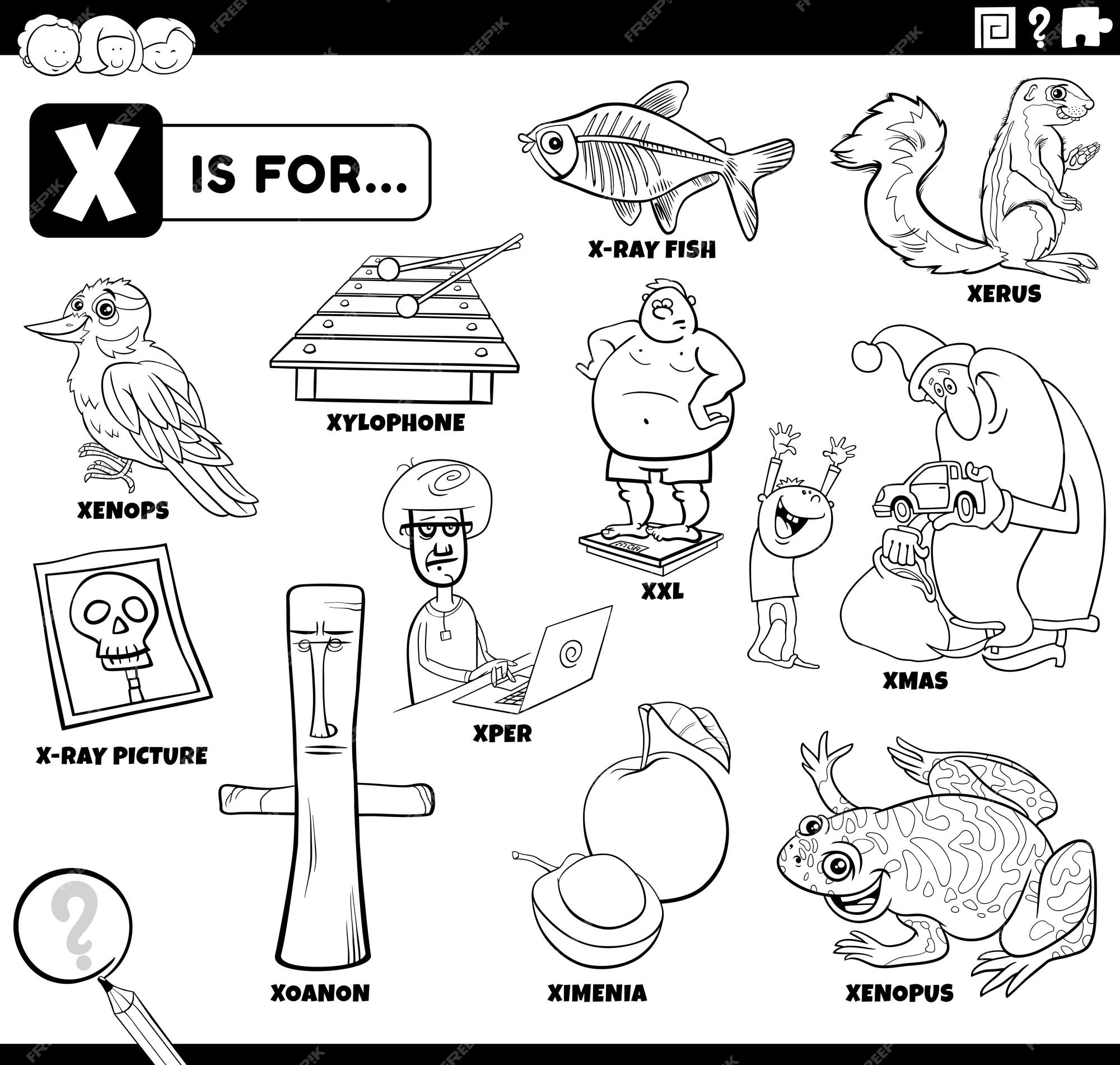 Premium vector letter x words educational cartoon set coloring page