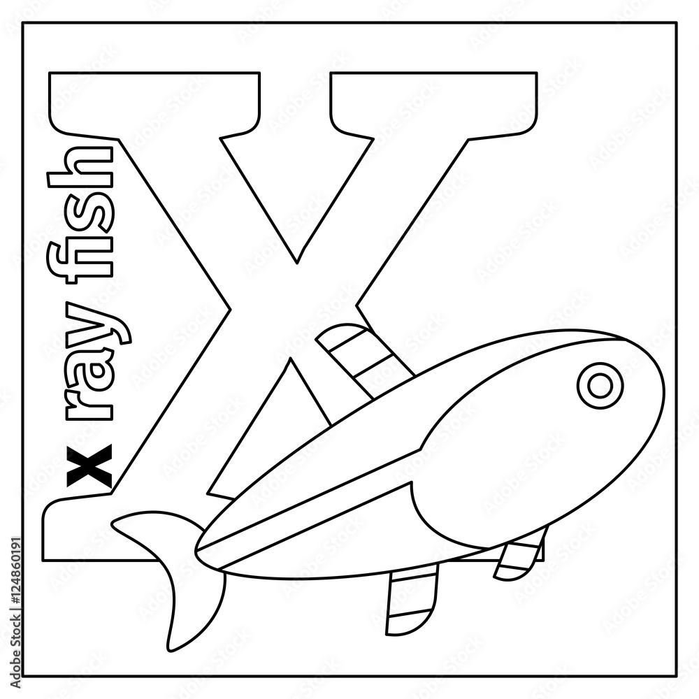 Coloring page or card for kids with english animals zoo alphabet x ray fish letter x vector illustration vector de