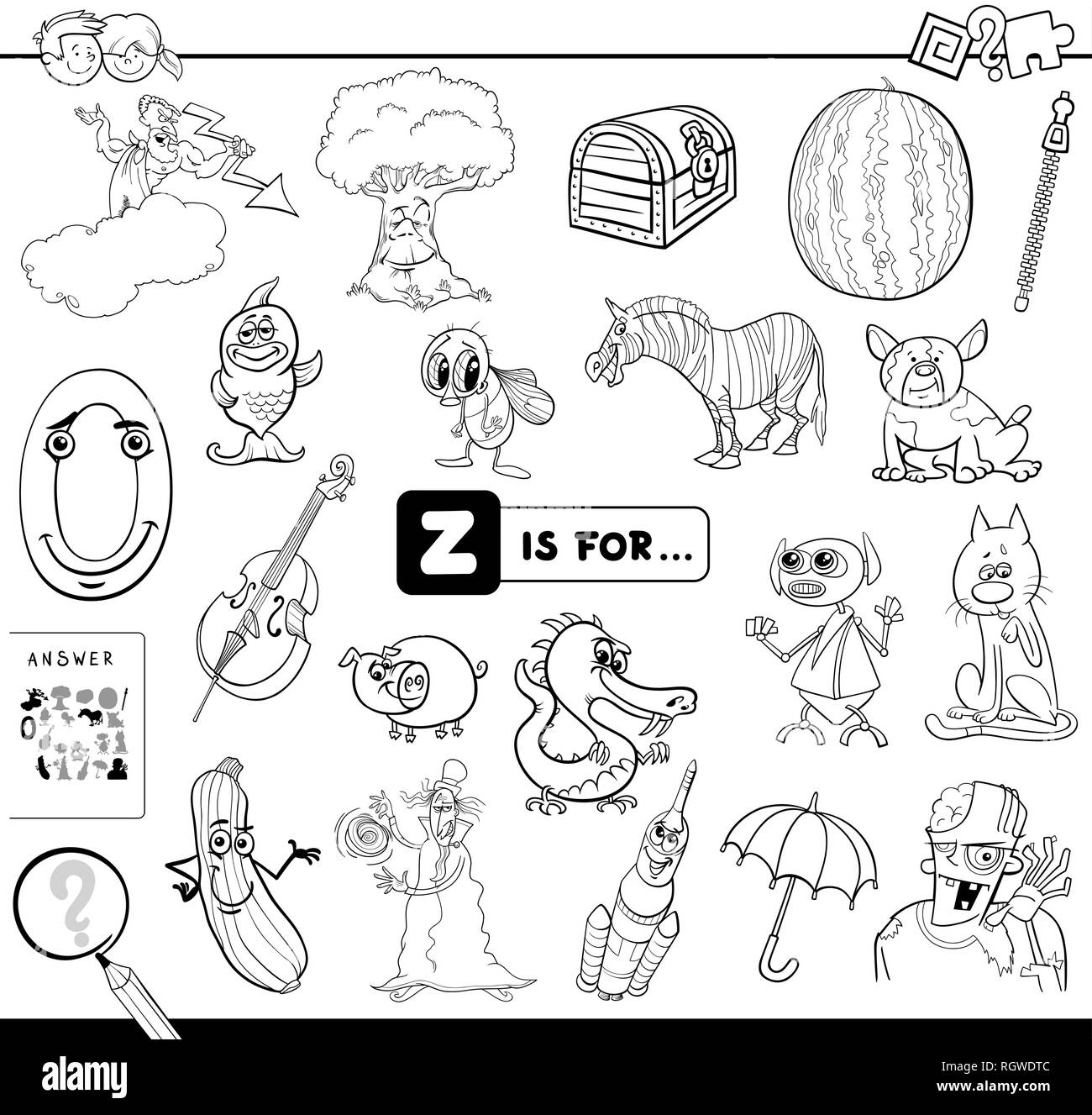 Black and white cartoon illustration of finding picture starting with letter z educational game workbook for children coloring book stock vector image art