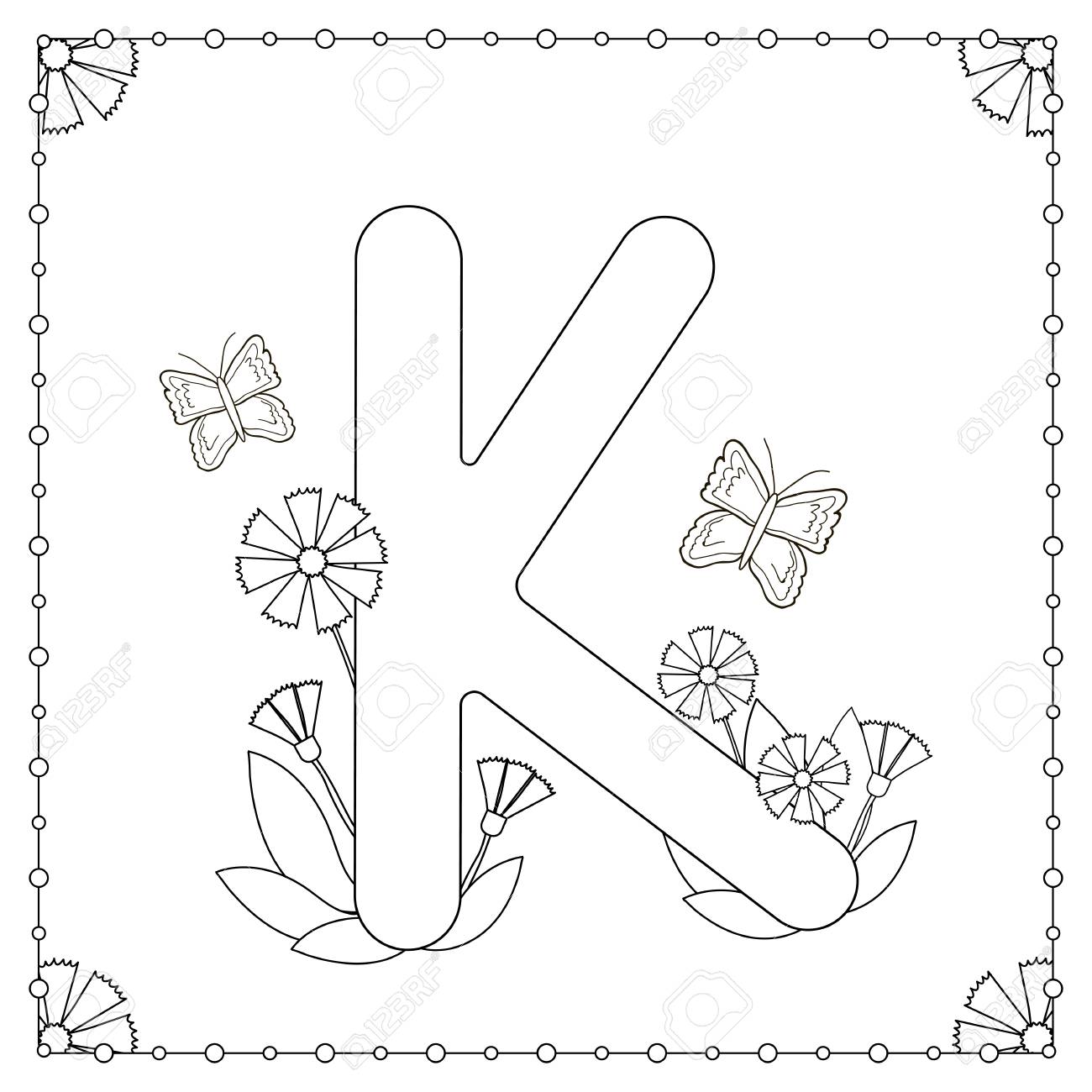 Alphabet coloring page capital letter k with flowers leaves and butterflies vector illustration royalty free svg cliparts vectors and stock illustration image