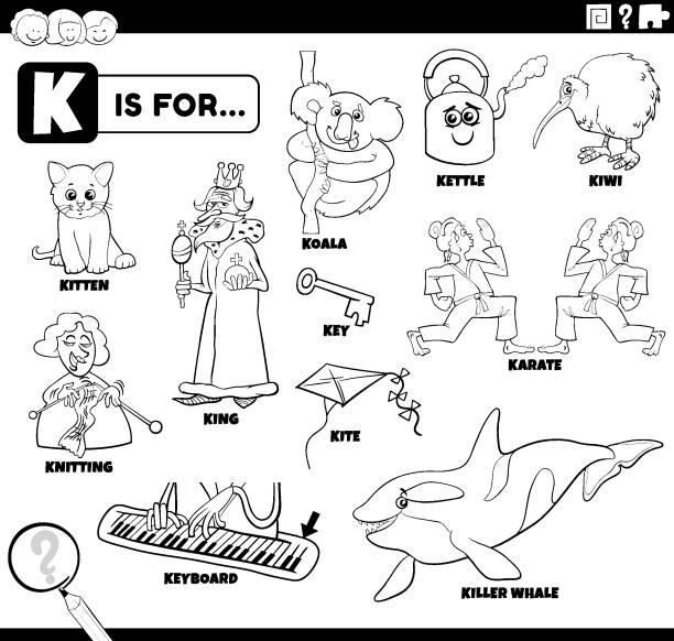 Letter k words educational set coloring book page stock illustration