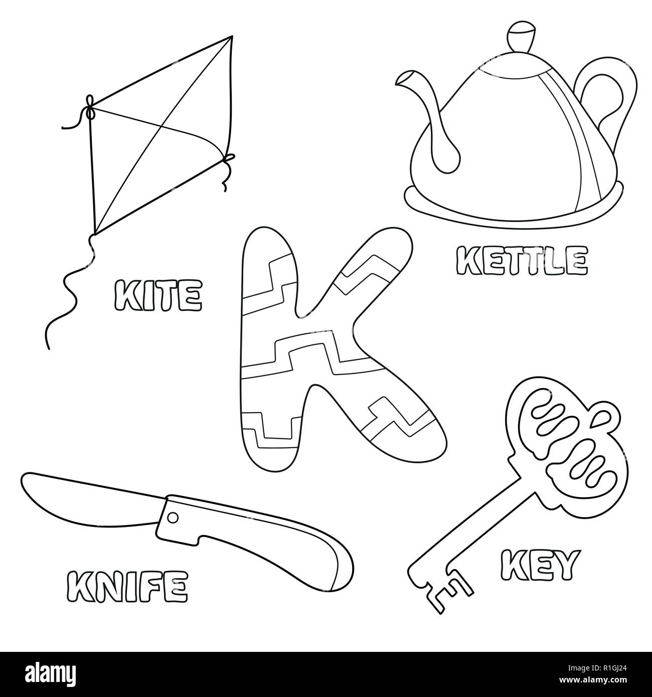 Alfabeto kids coloring book pãgina con clip bozados arts letra k imagen vector de stock