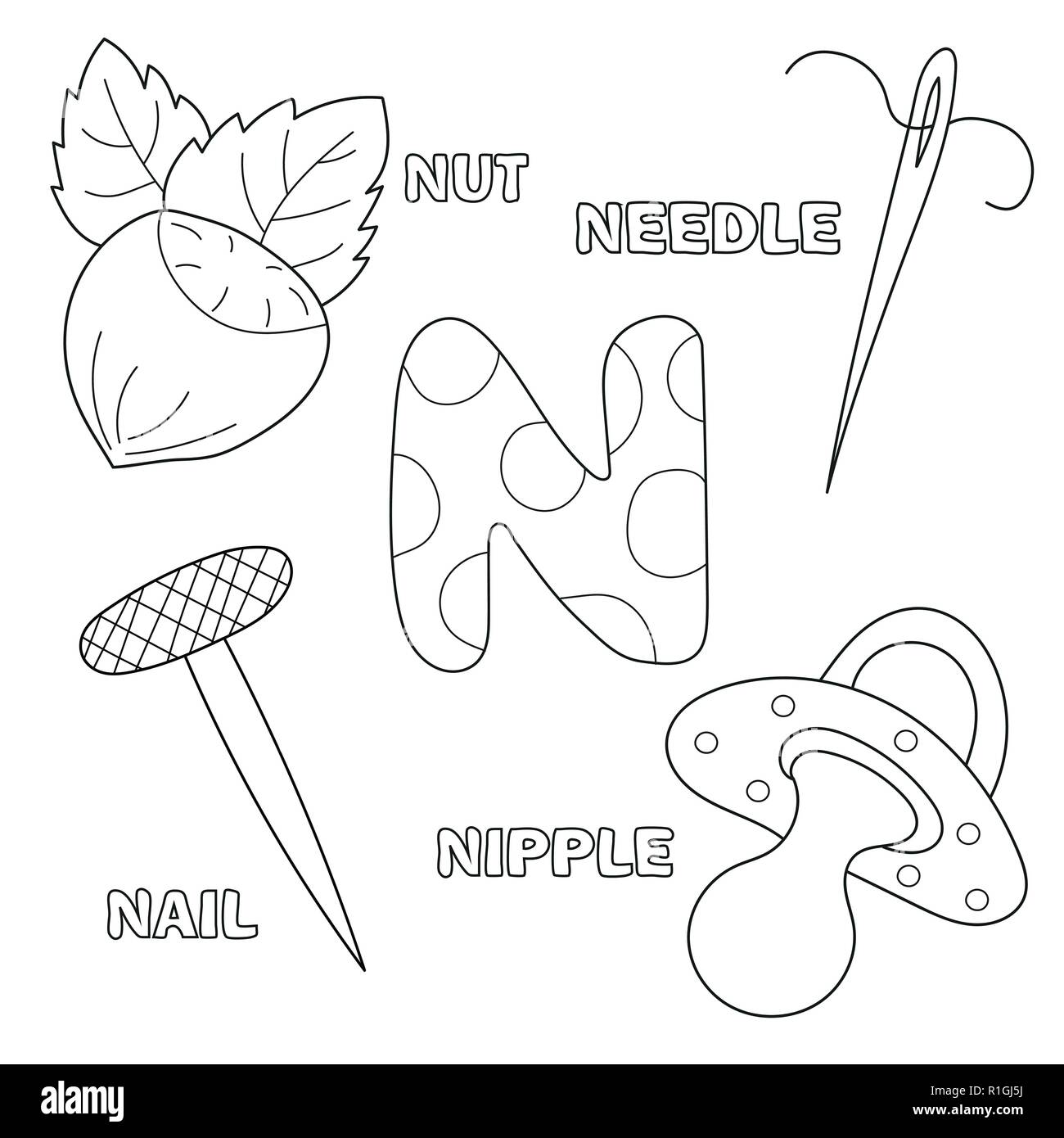 Letter n english alphabet education for children coloring book stock vector image art