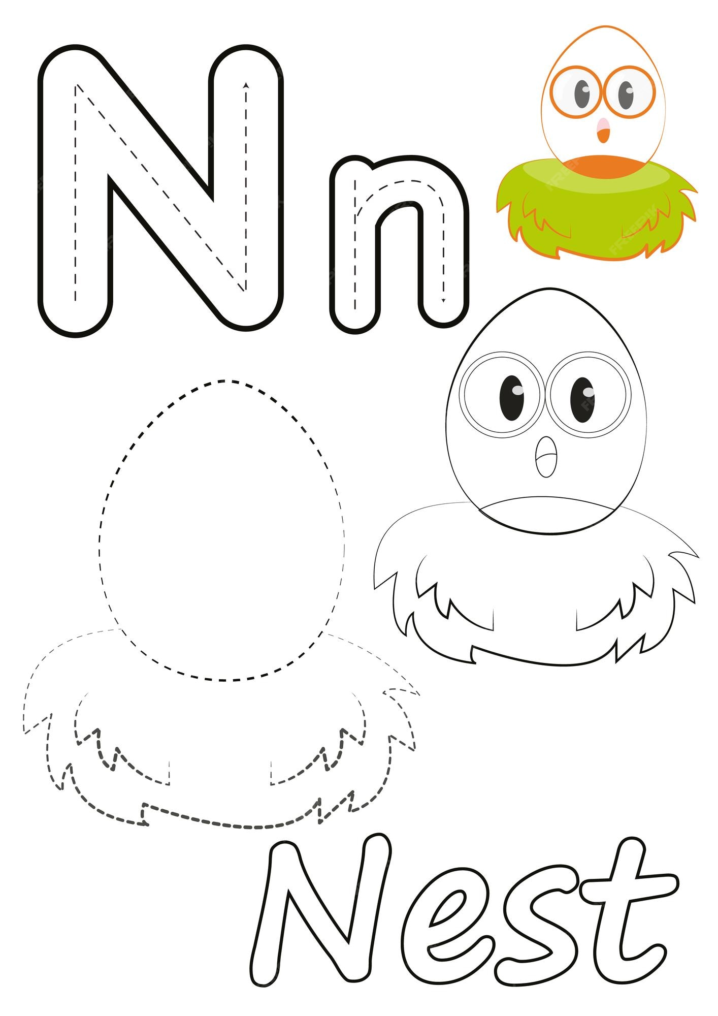 Premium vector coloring pages of nest and the letter n suitable for use in childrens coloring books