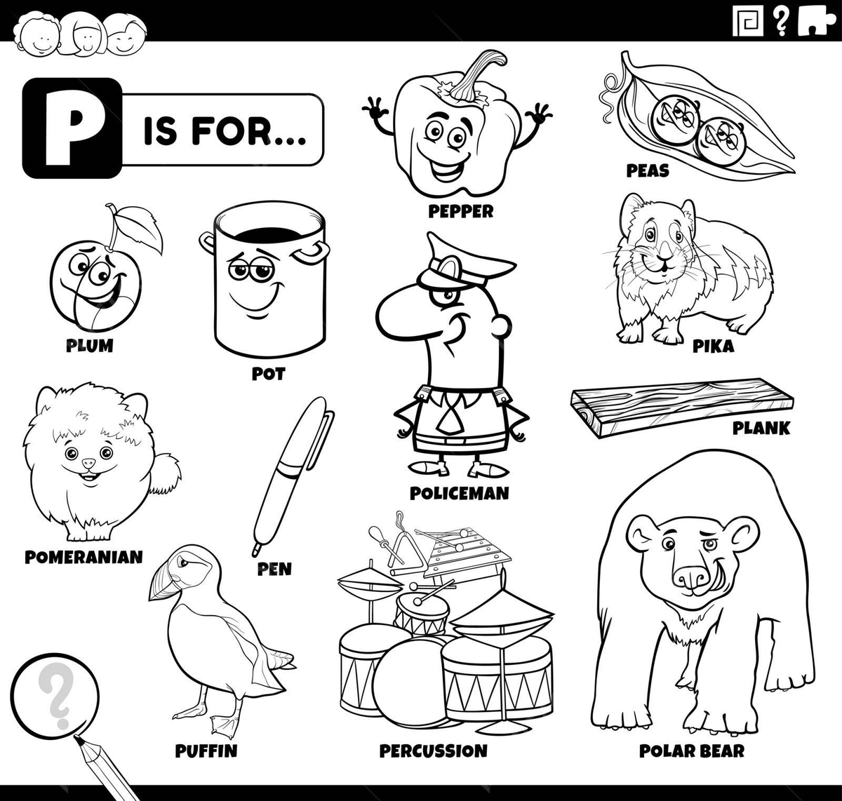 Dibujo de pãgina libro para colorear con un conjunto educativo palabras que ienzan la letra p vector png dibujos dibujo de gato dibujo de libro dibujo de trella png y vector para