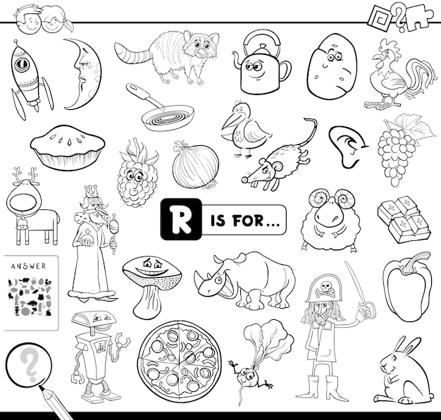 Premium vector r is for educational game coloring book