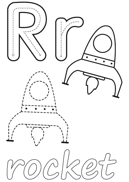 Premium vector coloring pages of rocket and the letter r suitable for use in childrens coloring books