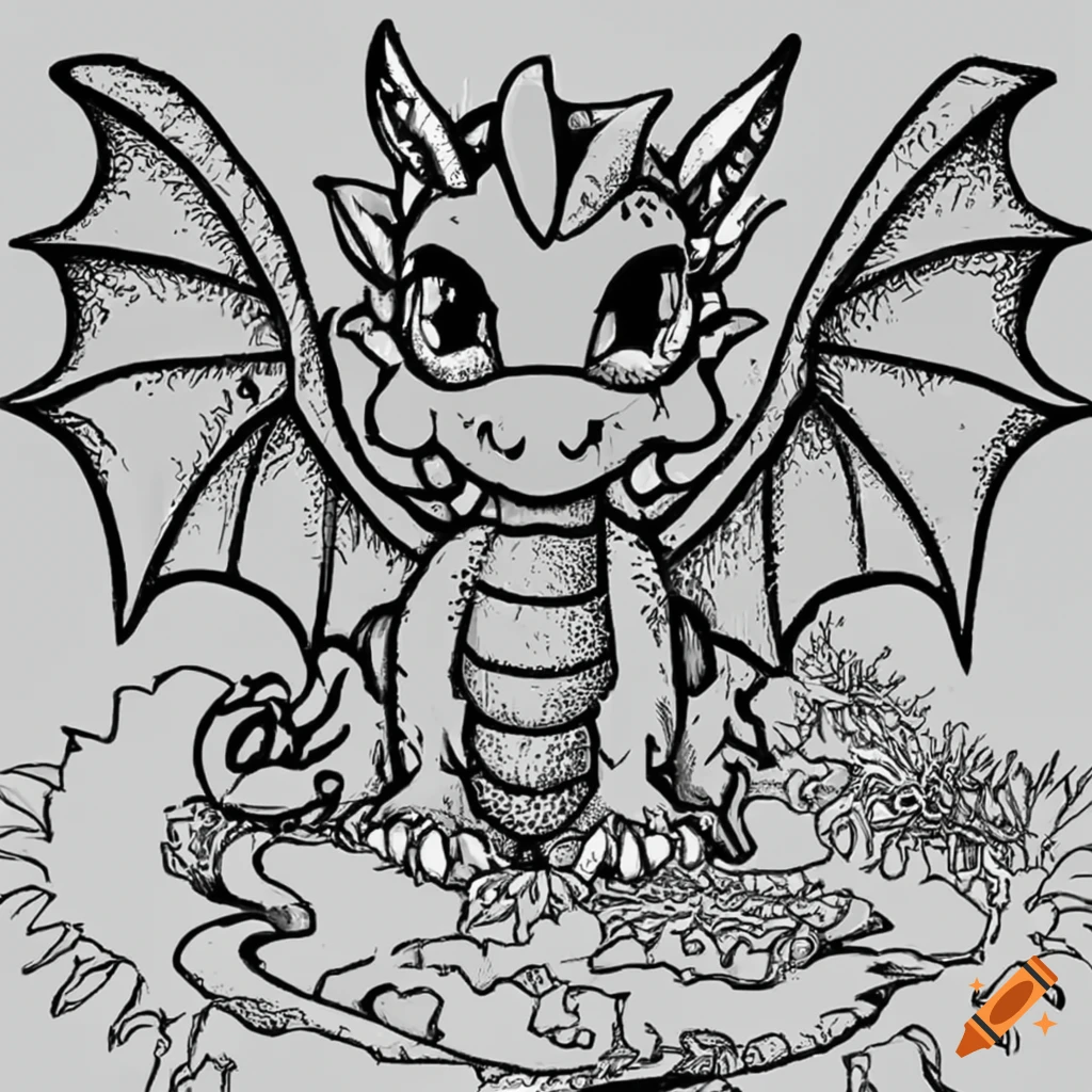 Dibujo de un pequeão dragãn en blanco y negro para colorear on