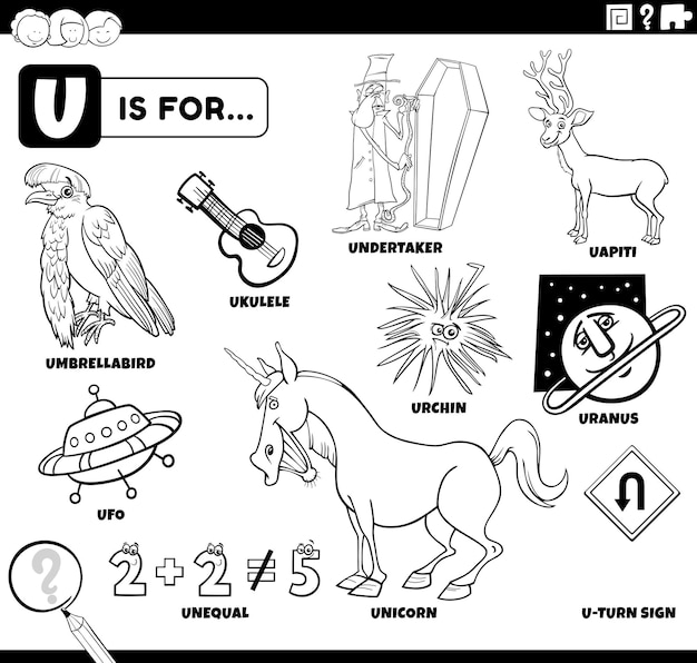 Premium vector letter u words educational set coloring book page