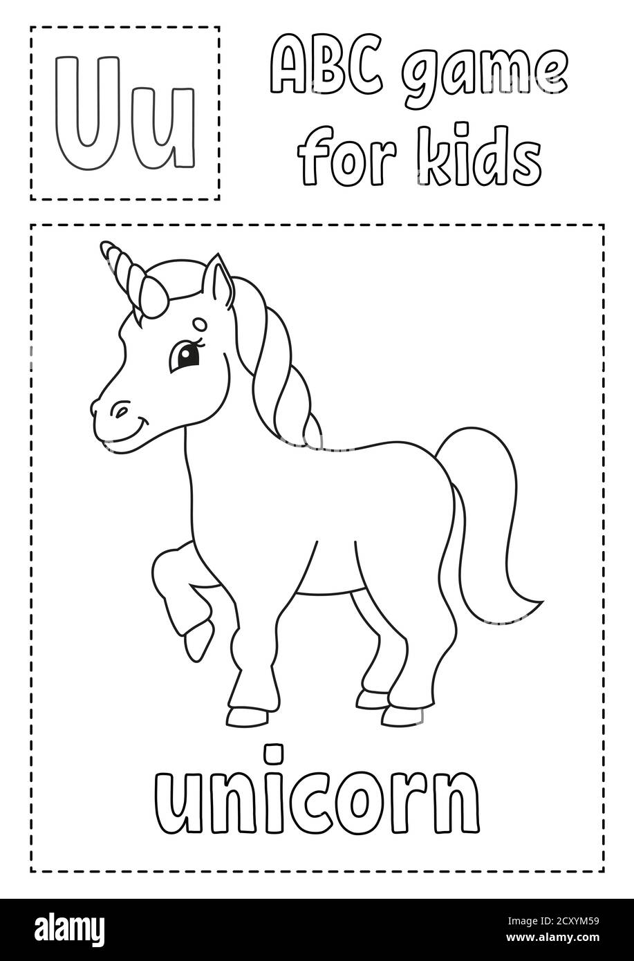 Letter u is for unicorn abc game for kids alphabet coloring page cartoon character word and letter vector illustration stock vector image art