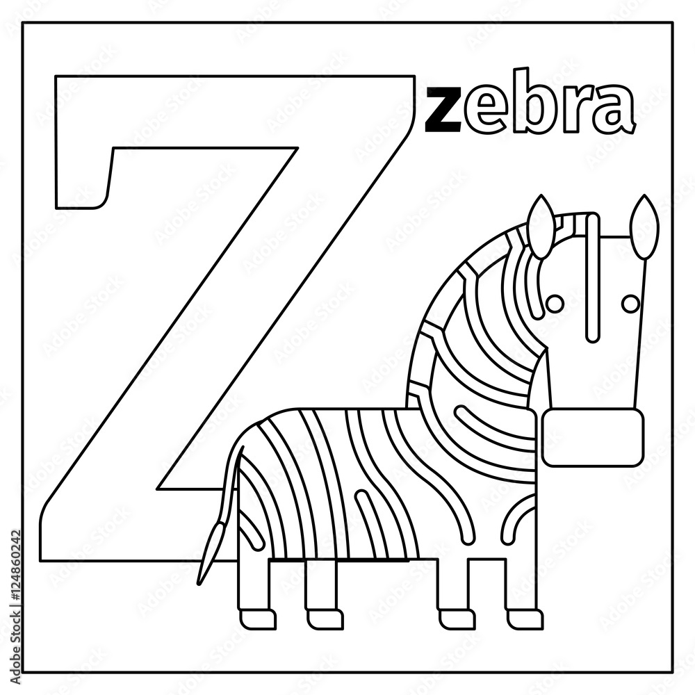 Coloring page or card for kids with english animals zoo alphabet zebra letter z vector illustration vector de