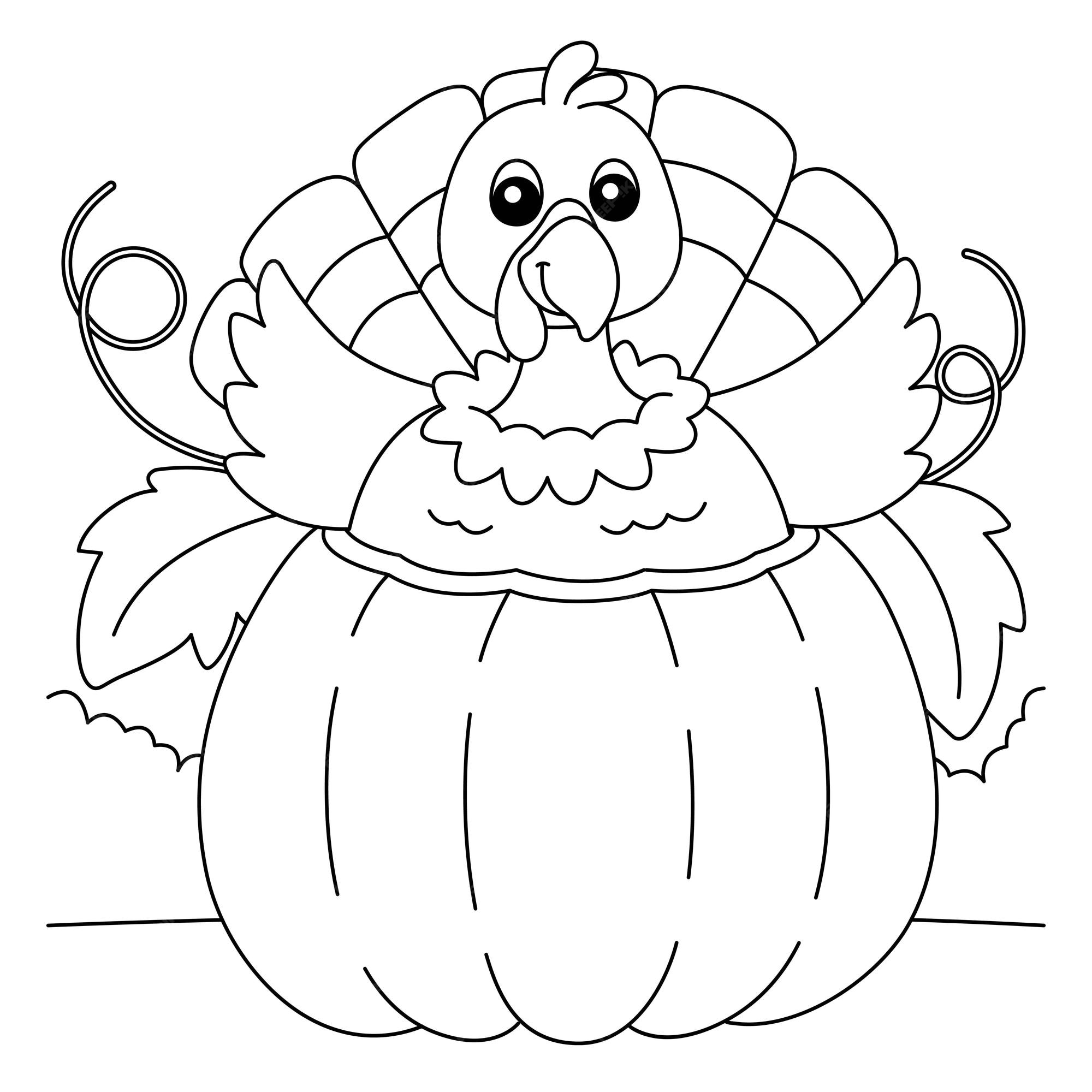 Premium vector thanksgiving turkey inside pumpkin coloring page