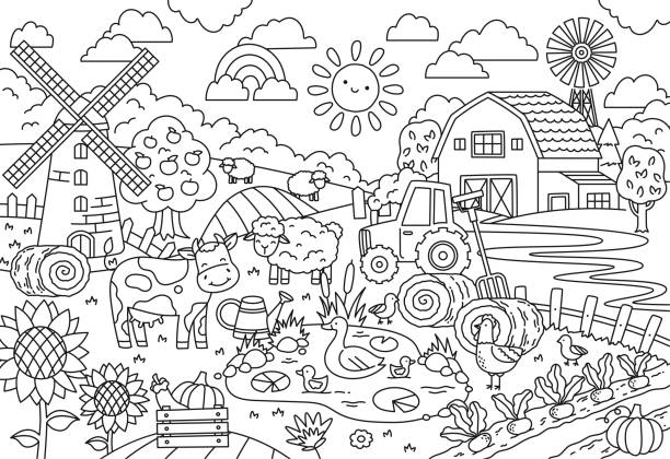 Ilustraciãn de dibujo para colorear de happy farm y mãs vectores libres de derechos de colorear