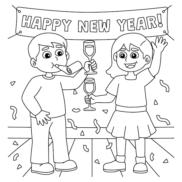 Premium vector children celebrating new year coloring page