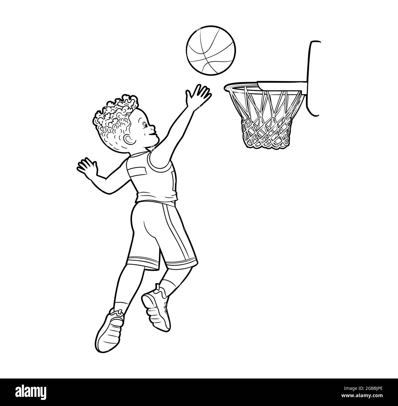 Libro para colorear deport un chico de baloncto lanza una pelota en una cta de baloncto vector en tilo de dibujos animados arte de lãneas en blanco y negro imagen vector de