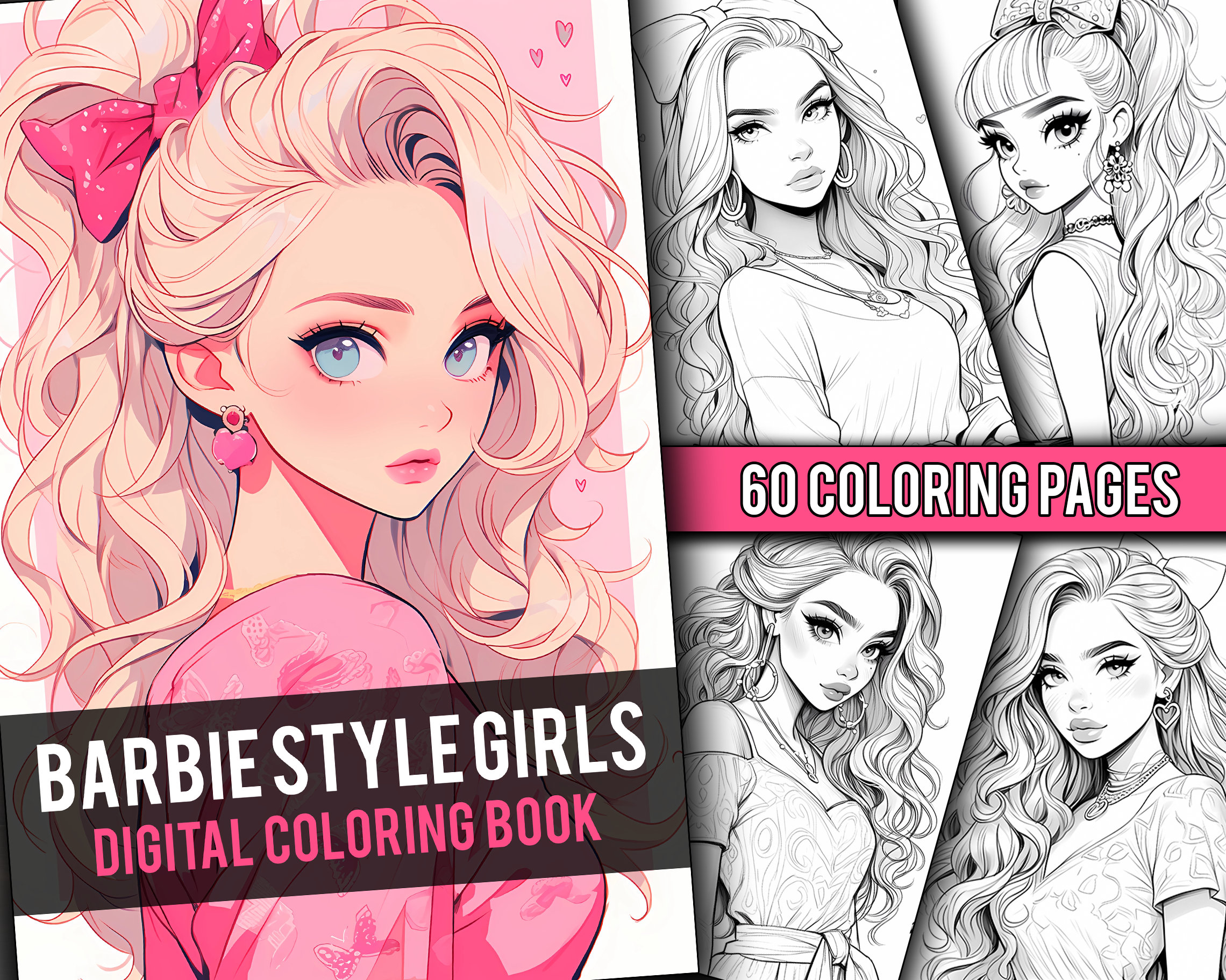 Anime barbie style girls coloring book page manga fantasy coloring pages for children adults instant download printable pdf download now