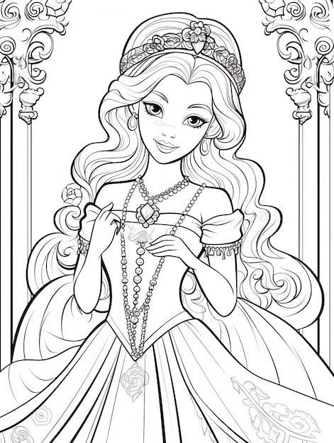 Premium photo cute princess in beautiful dress outlies illustration barbie princess line art coloring book