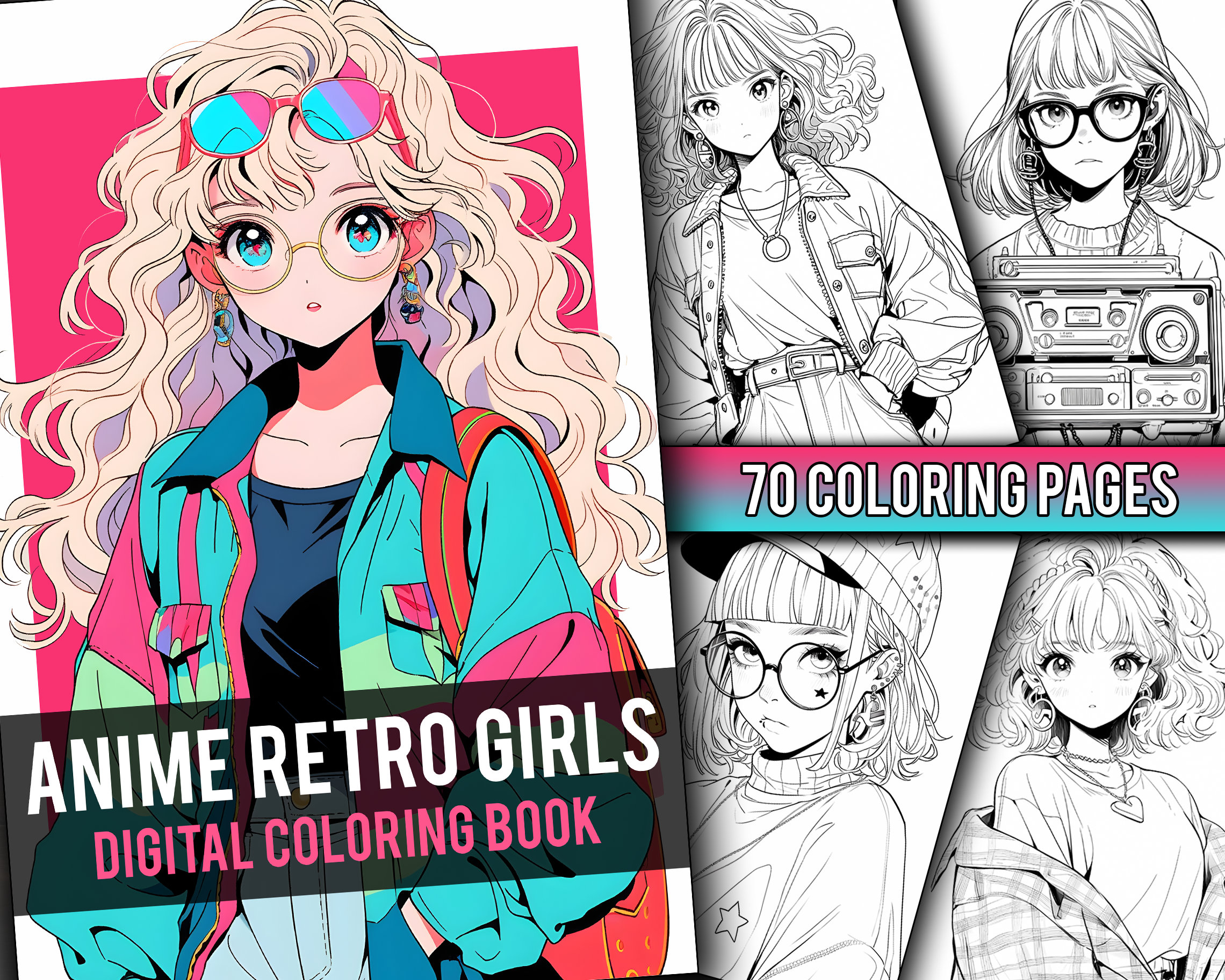Anime retro girls coloring book page manga fantasy anime coloring pages for adults children instant download printable pdf