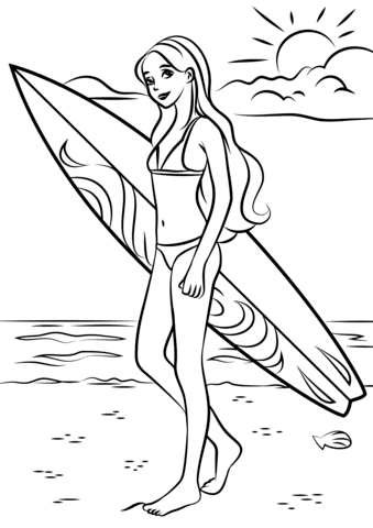 Barbie surfer coloring page free printable coloring pages