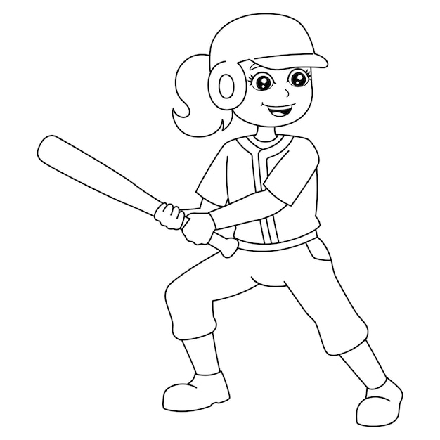 Premium vector girl playing baseball coloring page isolated