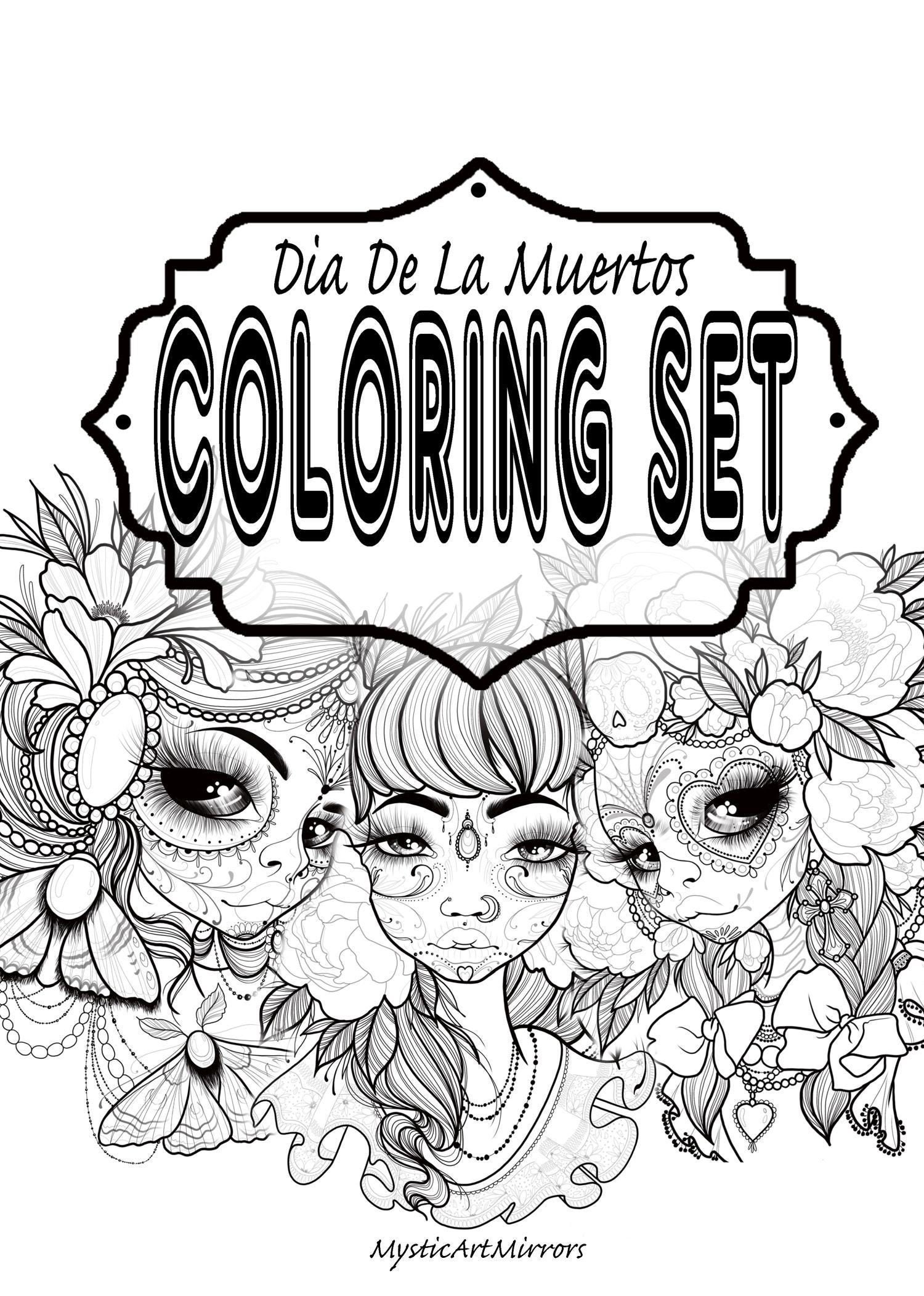 Coloring set dia de la muertos coloring set la catrina sugar skull digital pdf