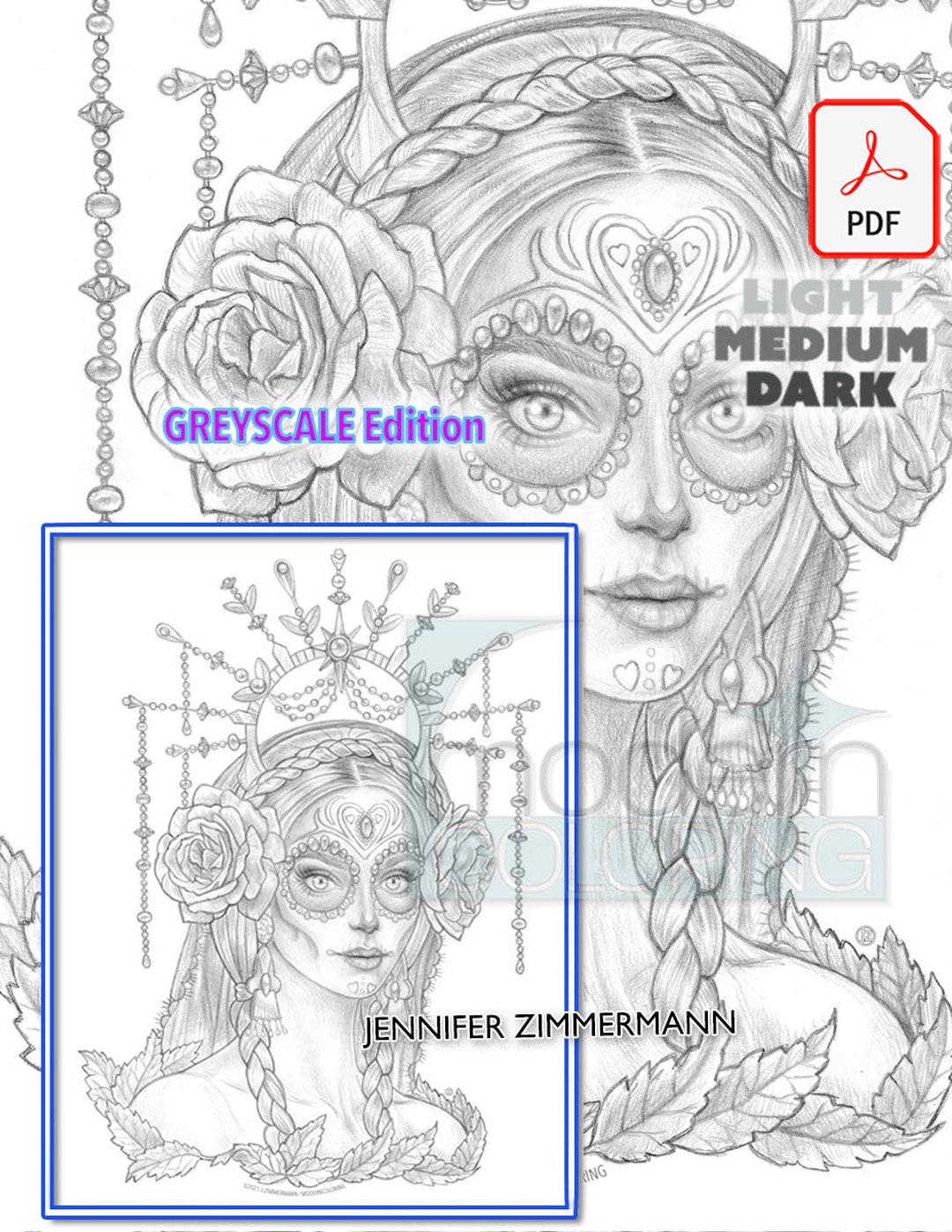 La catrina dibujo para colorear halloween calavera de azãºcar mãxico dãa de muertos retrato una sola pãgina escala de grises imprimible jennifer zimmermann