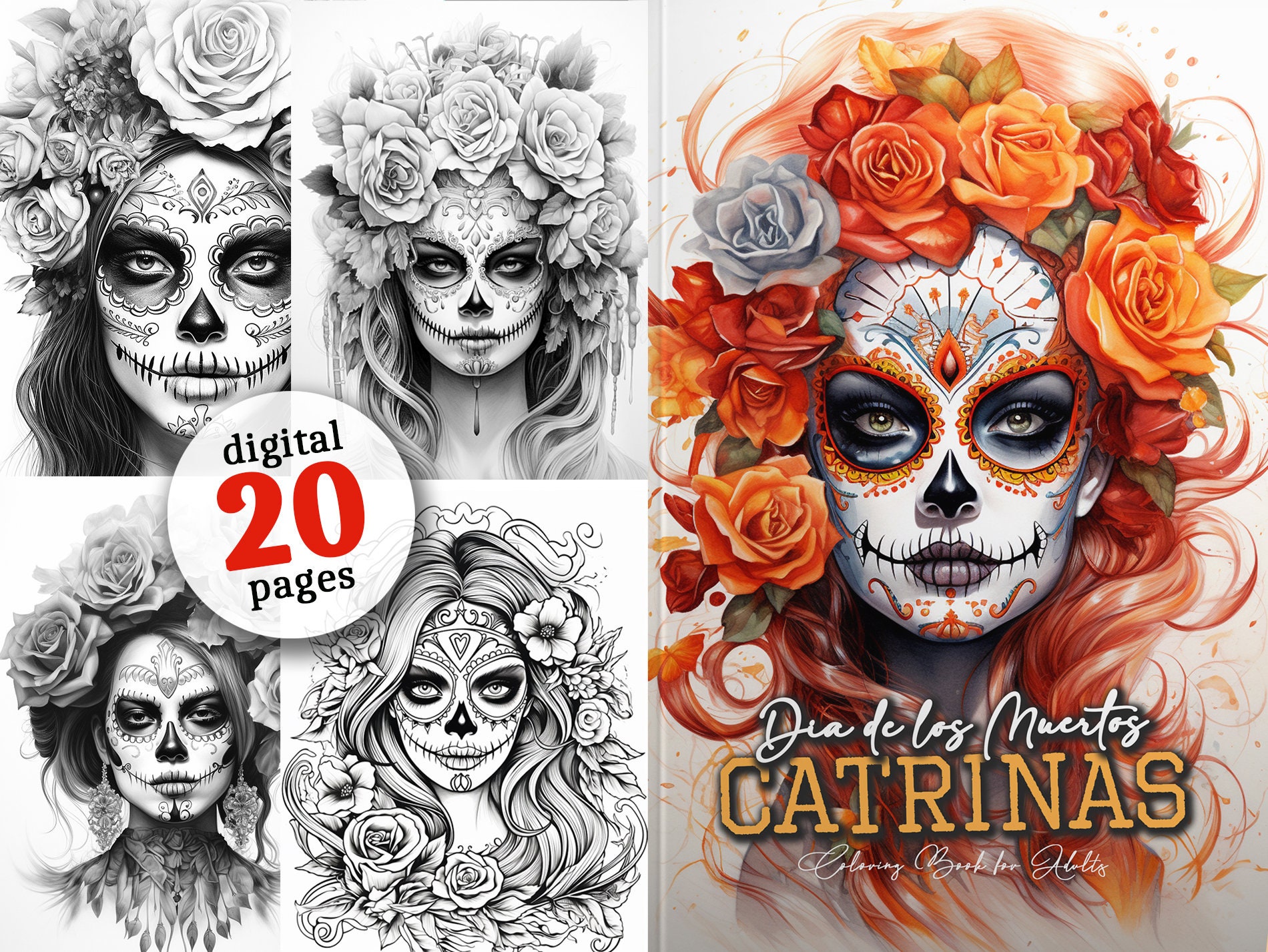 Dia de los muertos catrinas libro para colorear imprimible calaveras de azãºcar en escala de grises pãginas para colorear digitales pãginas para colorear de halloween descargar p