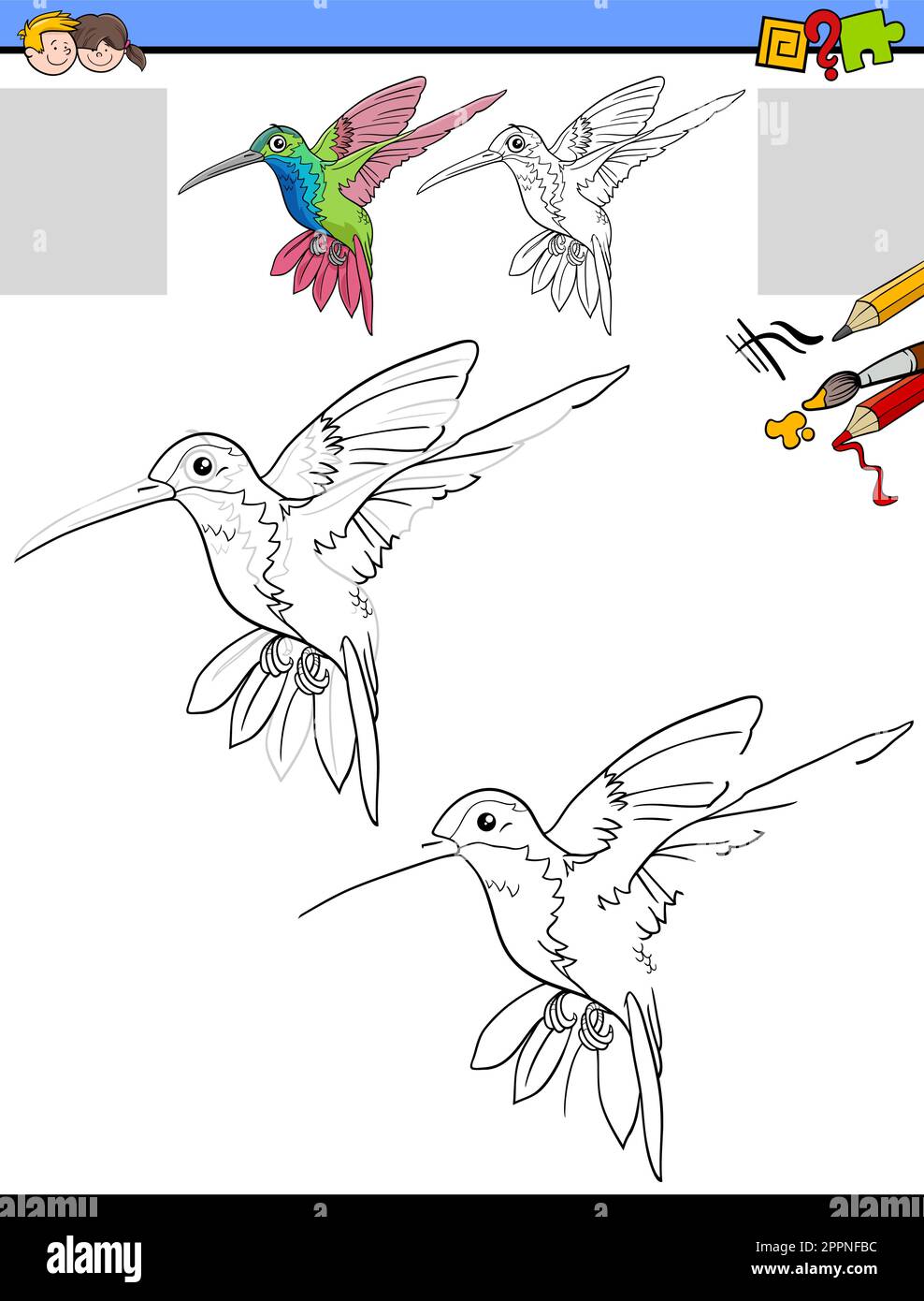 Tarea de dibujo y colorear con carãcter de colibrã imagen vector de stock