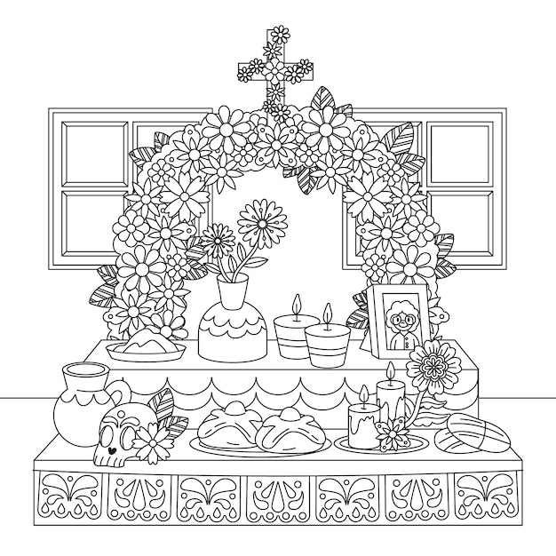 Free vector hand drawn dia de muertos altar de muertos coloring page illustration