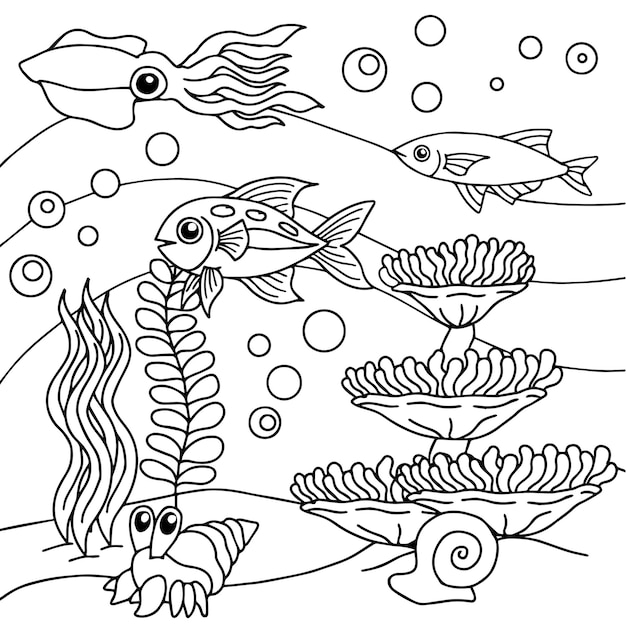 Premium vector design aqua fish outline coloring page for kid