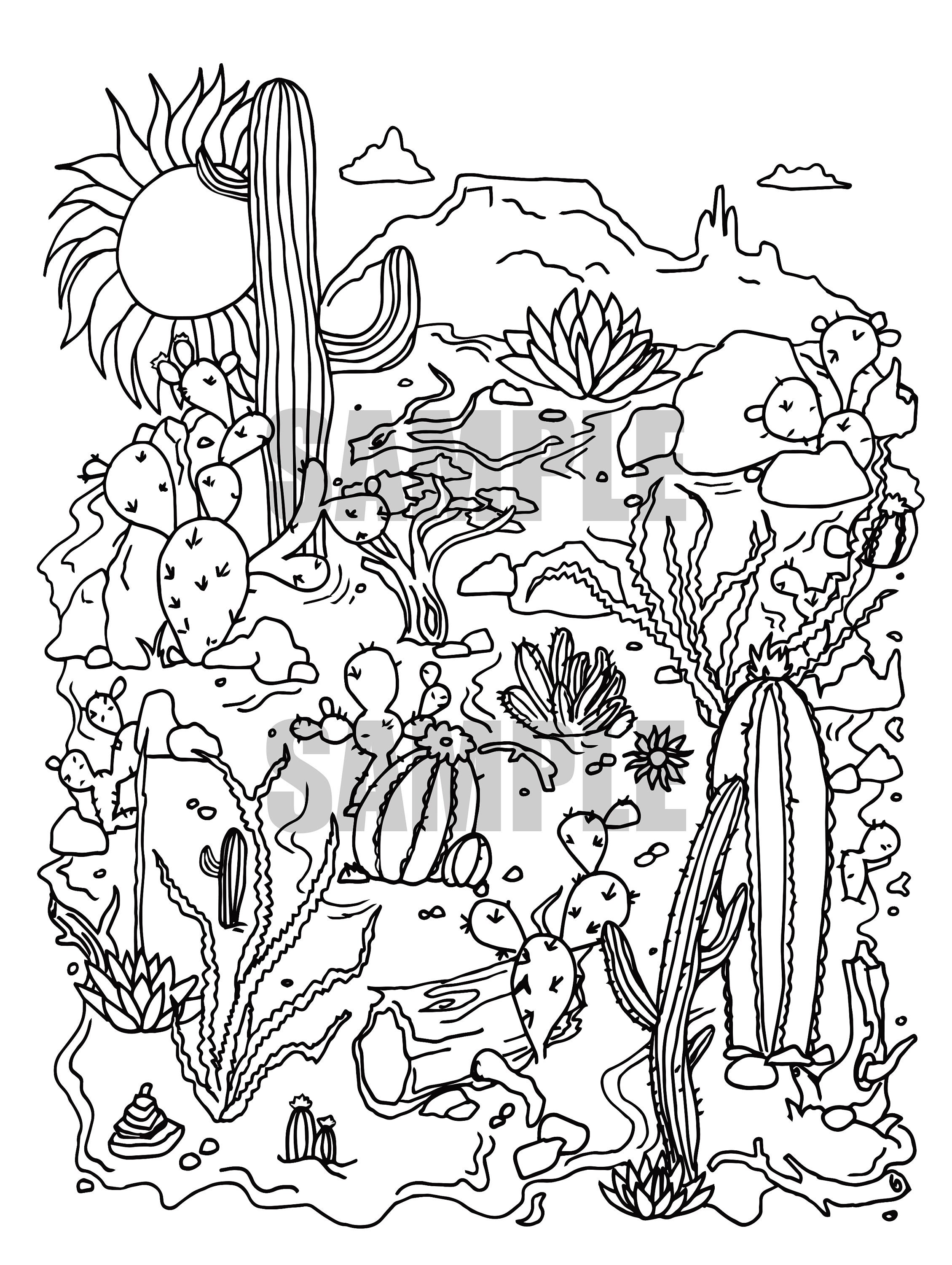 Desert landscape adult coloring page