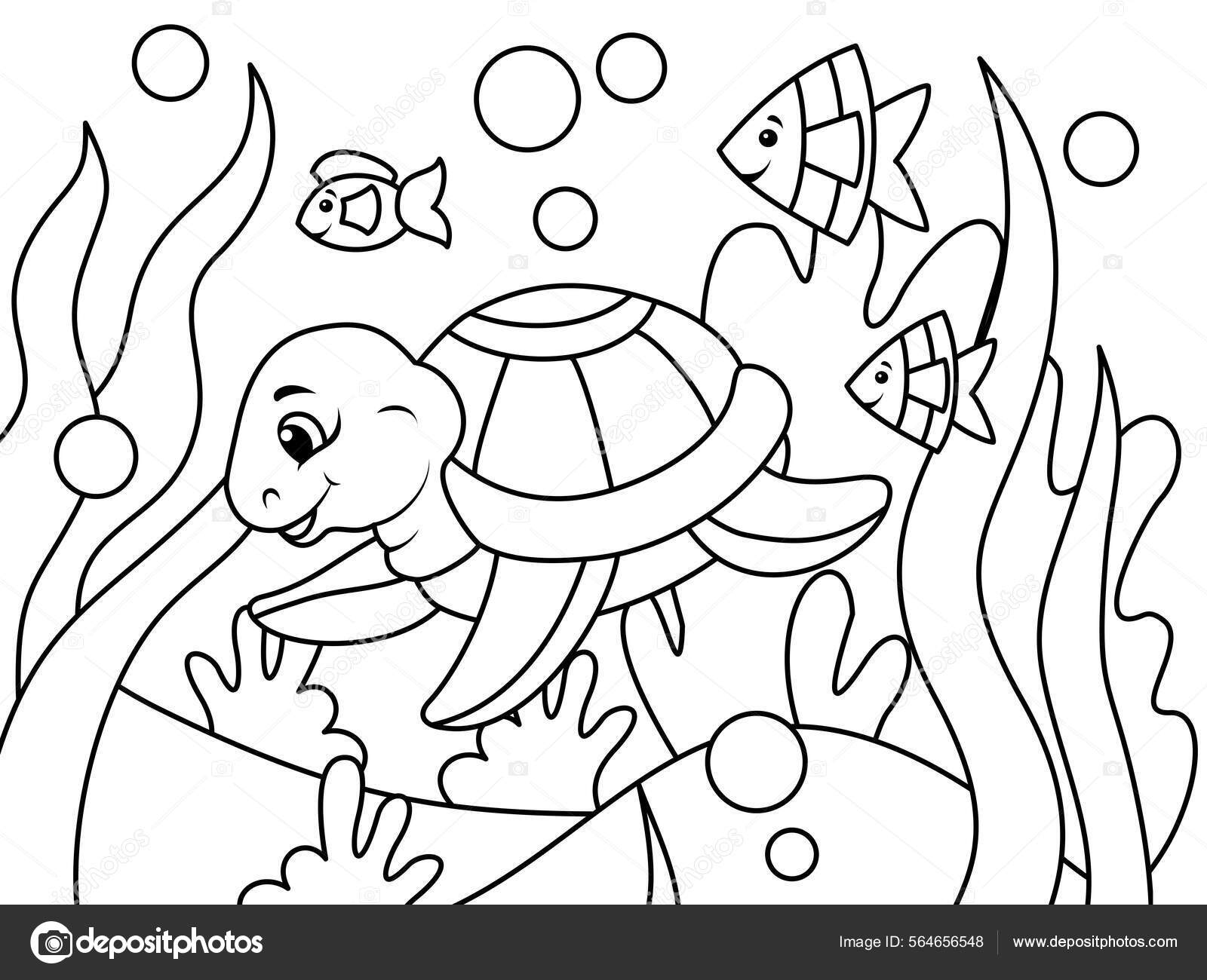 Children coloring underwater world turtle swims among algae and fish vector illustration coloring book vector de stock por toricheksgmail