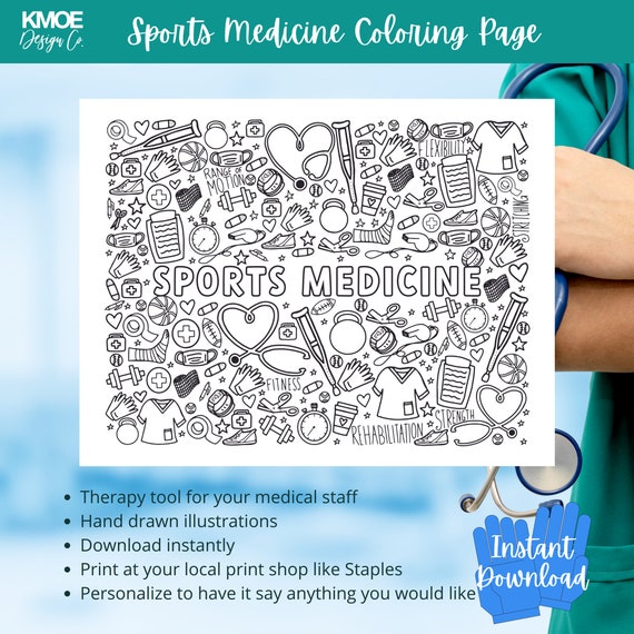 Dibujo para colorear de medicina deportiva terapia fãsica libro para colorear para adultos colorear medicina doodle imprimible descarga digital atenciãn mãdica