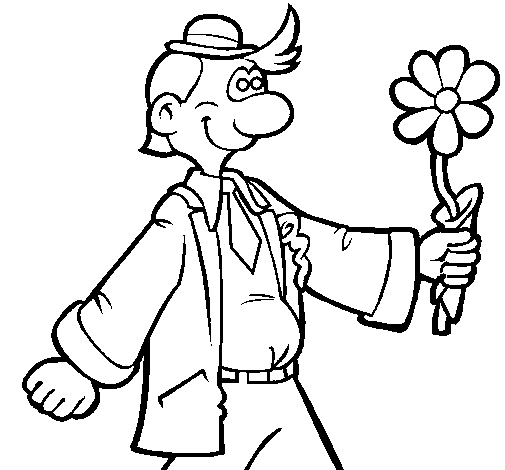 Dibujo de hombre contento con una flor para colorear