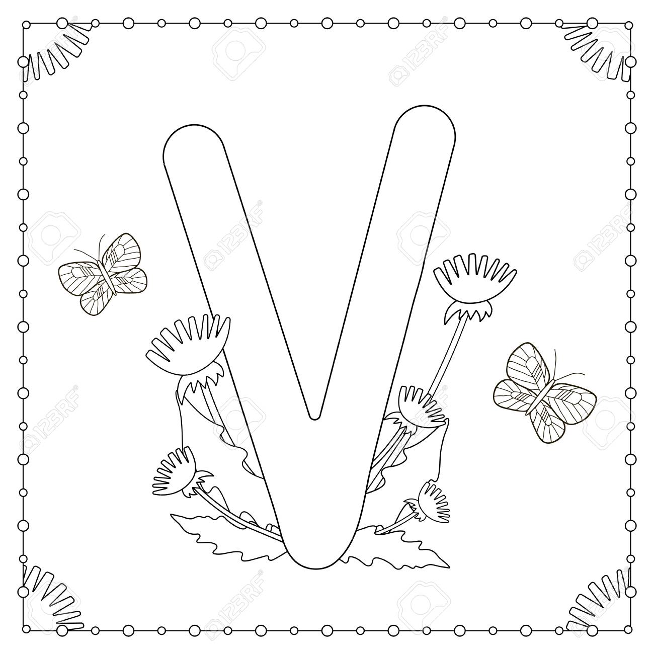 Alphabet coloring page capital letter v with flowers leaves and butterflies vector illustration royalty free svg cliparts vectors and stock illustration image