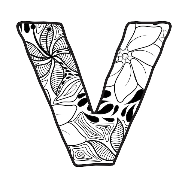 Premium vector hand drawn capital letter v in black coloring sheet for adults