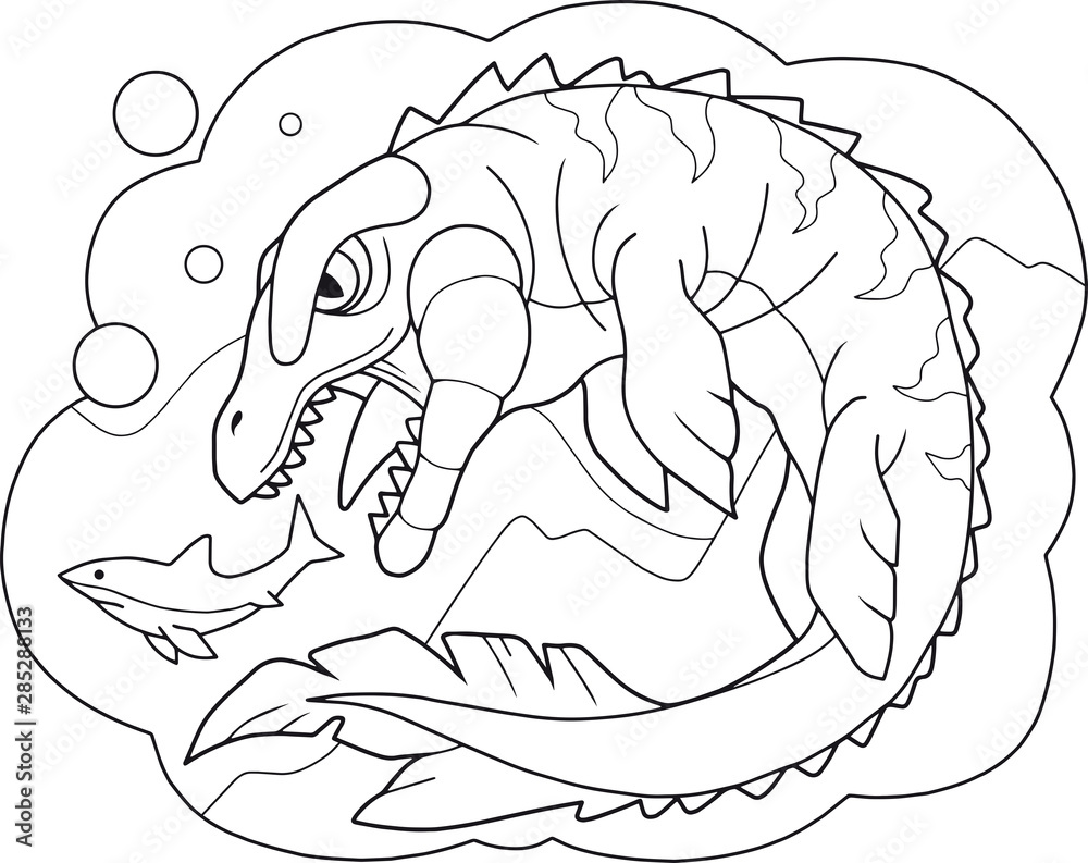 Cartoon prehistoric dinosaur mosasaurus coloring book funny illustration vector de