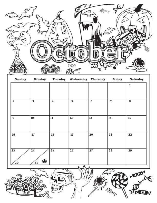 Halloween calendar october coloring page