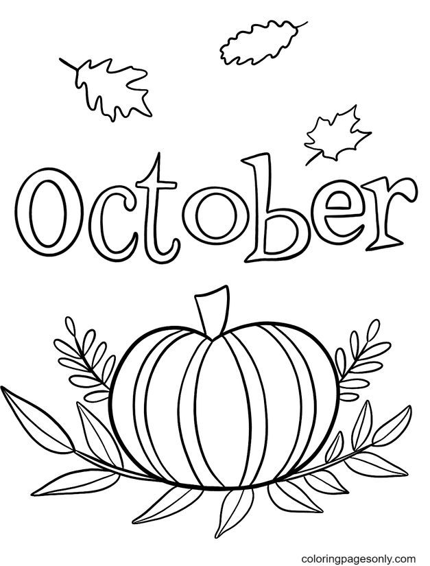 Dibujo de octubre con hojas y calabazas para colorear
