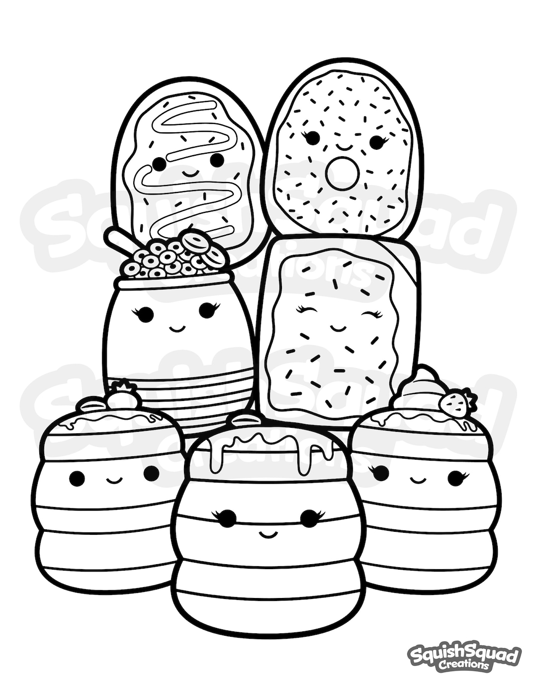 Linda pãgina para colorear del equipo de desayuno de squishmallow pãgina para colorear imprimible pãgina para colorear de hoja para colorear descargable para niãos